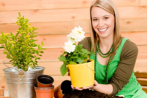 Gardeners clearing overgrown plants in a residential yard
